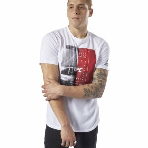 Koszulki Męskie Reebok UFC Fan Gear Text Białe PL 47ZFXTL